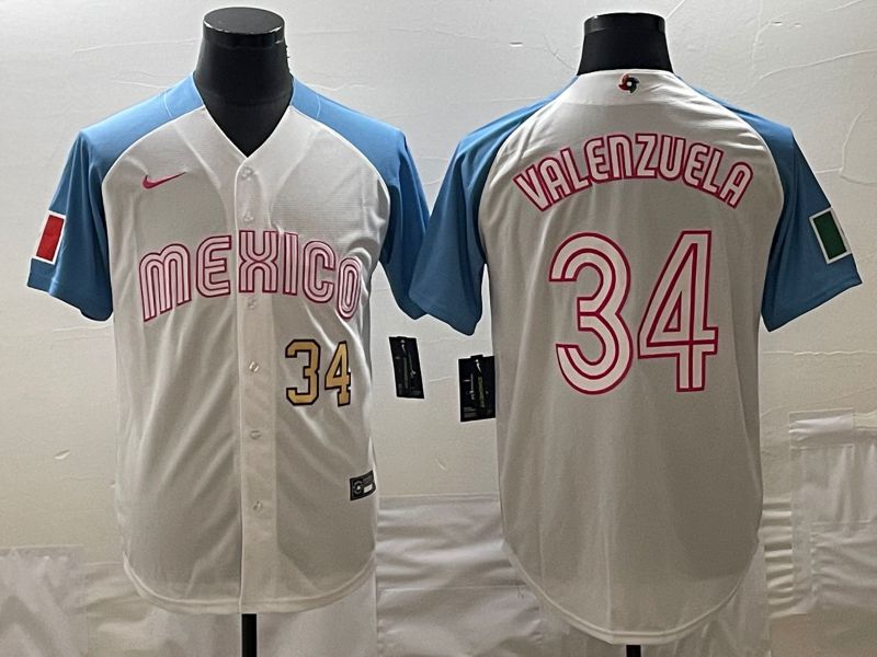 Men 2023 World Cub Mexico 34 Valenzuela White blue Nike MLB Jersey2